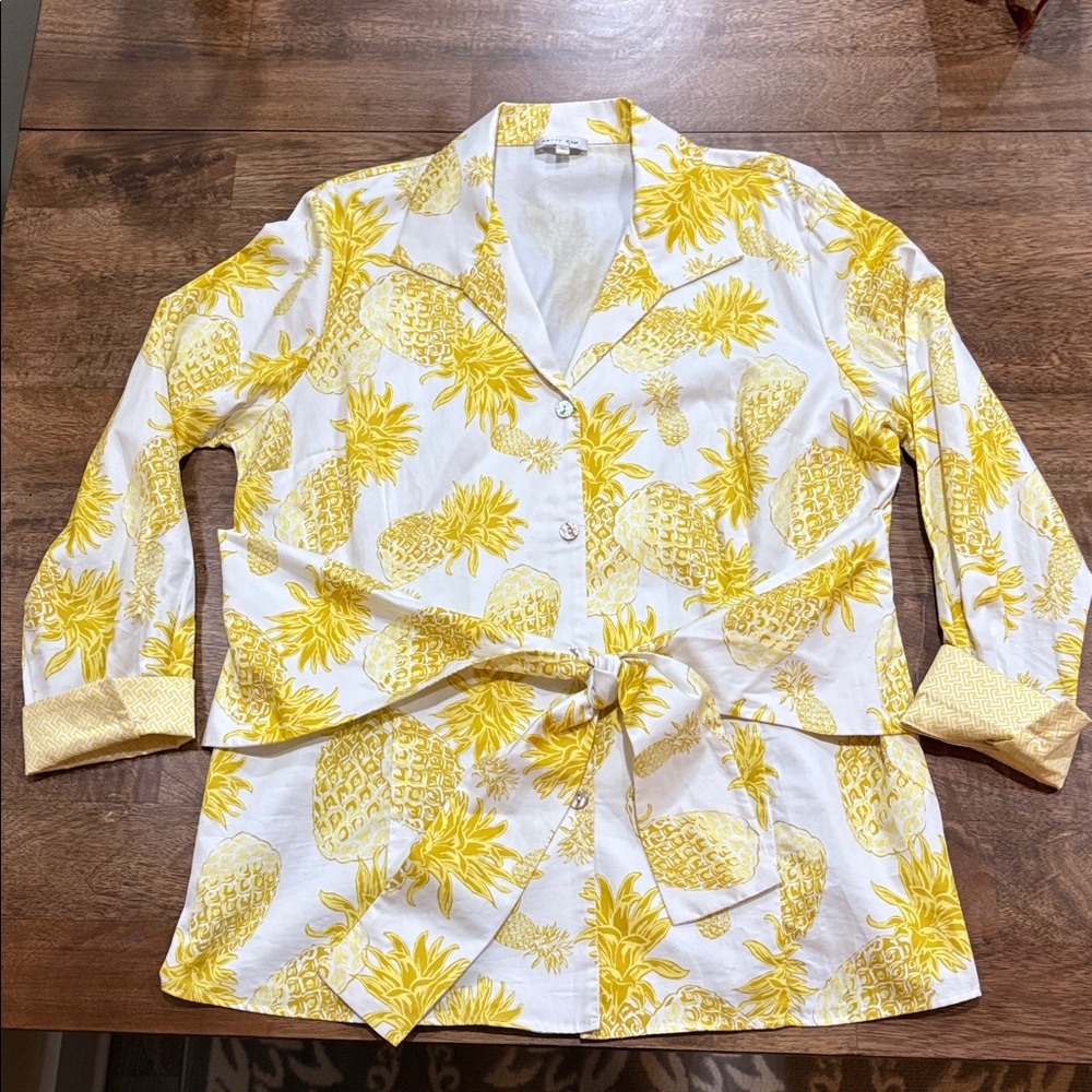 Patty Kim Pineapple Print Sash Tie Blouse. XL. Cotton